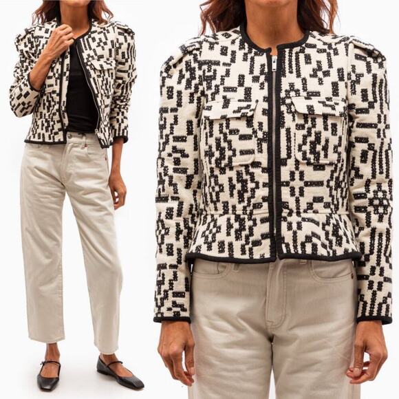 Isabel Marant Etoile Deliona Abstract Printed Tweed Jacket Black/White Size 42 - Picture 5 of 10